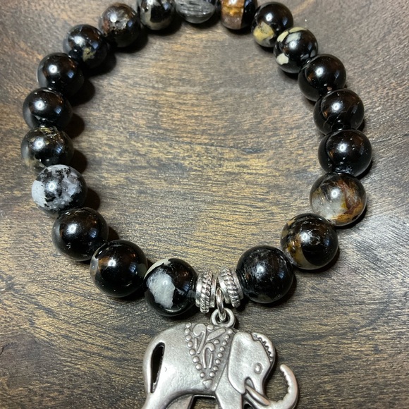 Black Tourmaline (8 mm)with Silver Elephant Charm and Spacers - Picture 5 of 7